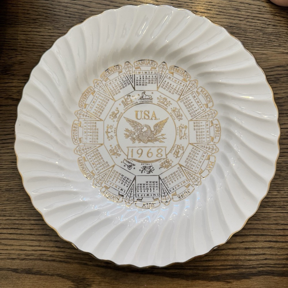 Sheffield White Bone China 1968 USA Calendar Decorative Plate 10 Inch Months